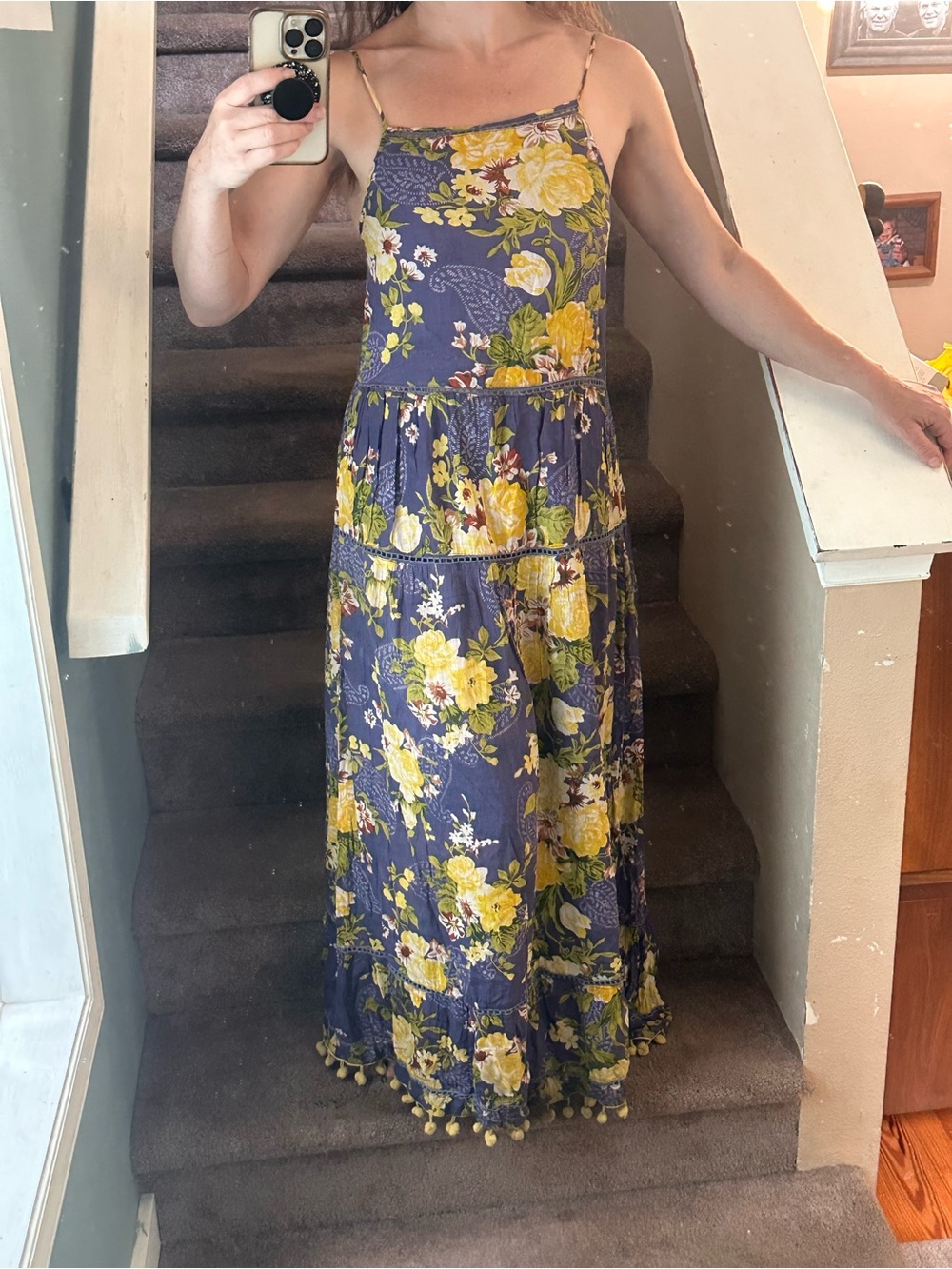 Floral Maxi Dress with Pom Trim